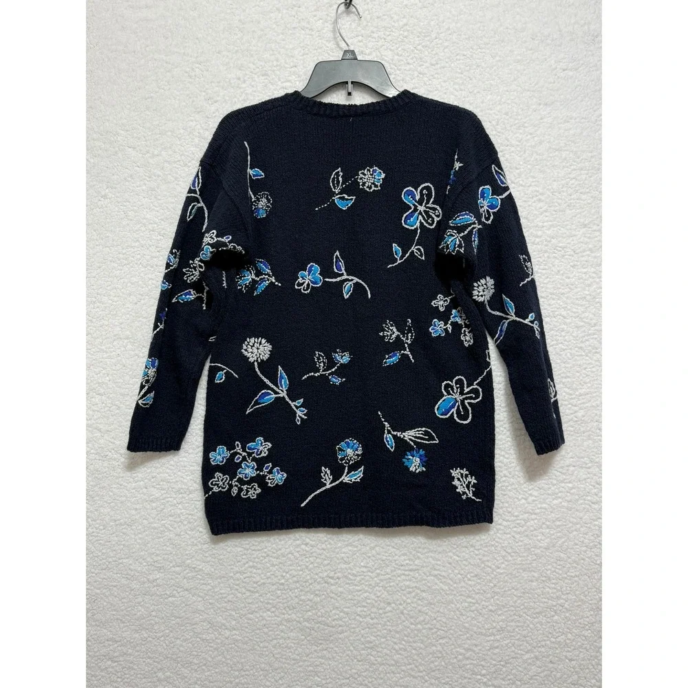 Laura Ashley Womens Floral Knit Sweater Navy Blue Cotton Blend Small‎